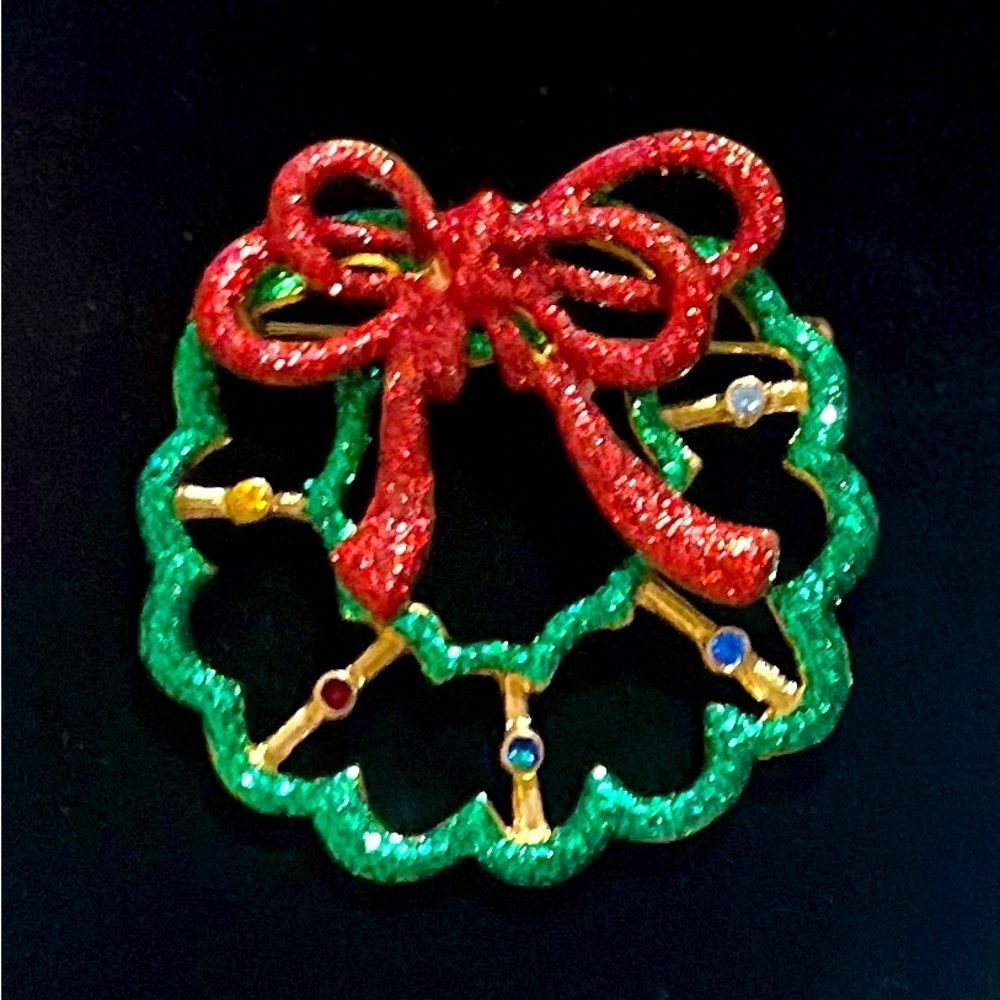 Vtg. Glitter Wreath & Red Bow w/Five Colored Stones